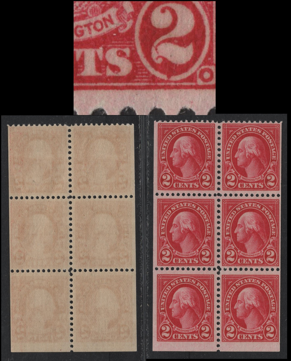 Lot 81 United States SC#634d 2c Carmine , 1926-1934 4th Bureau Issue, A VFNH Booklet Pane Of 6, Type 3 Gum Breaker Ridges spaced 12mm Apart, 24 Vertical Striations Per Inch, Showing Diagonal Slash Through Tail of Right 2, Unlisted IN French.