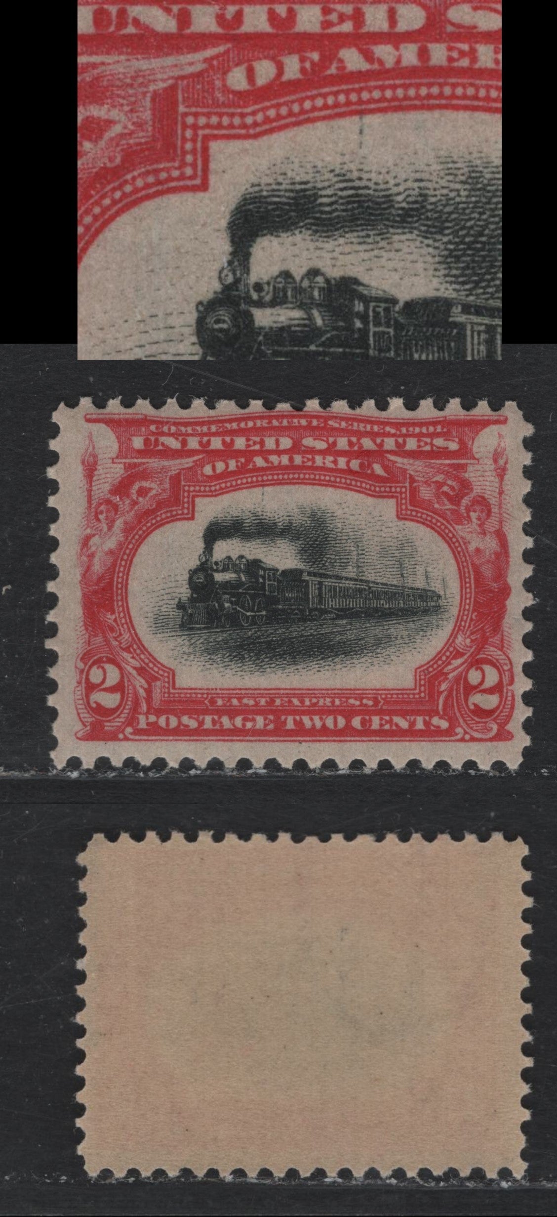 Lot 100 United States SC#295var 2c Rose Carmine & Black , 1901 Pan-American Exposition Issue, A FNH Single, Upright Wmk, Vertical Black Scratch Rising From The Smoke Below A of America