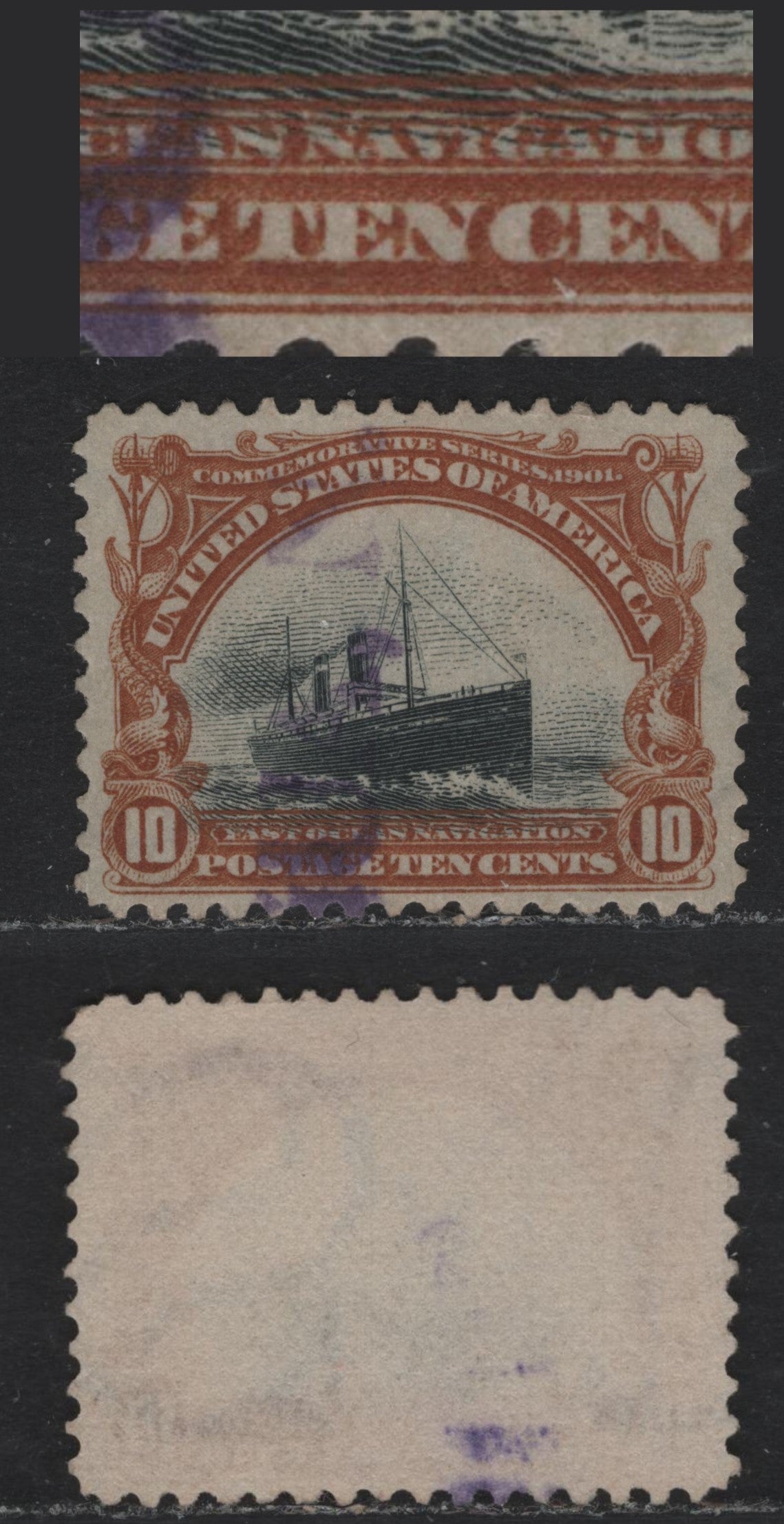 Lot 154 United States SC#299 10c Orange Brown & Black , 1901 Pan-American Exposition Issue, A Very Fine Used Single, Inverted Wmk, Close Up Scan Of A White Flaw Under C Of Cents, Which Came Off, As it Was Just A Small Fragment Of Paper.