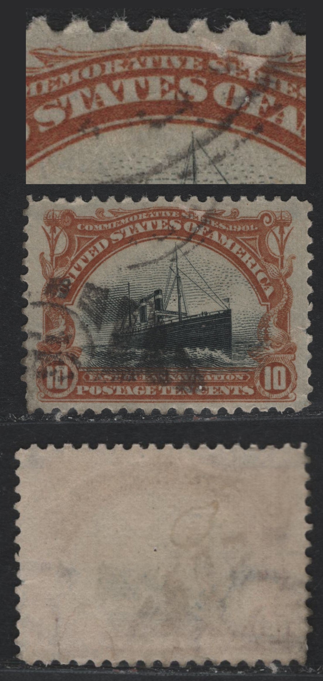 Lot 156 United States SC#299 10c Orange Brown & Black , 1901 Pan-American Exposition Issue, A Fine Used Single, Inverted-Reversed Wmk, Showing 2 Large White Flaws Above "Ser" Of Series, Very Tiny Margin Split In Right Margin Just Below Right Center.