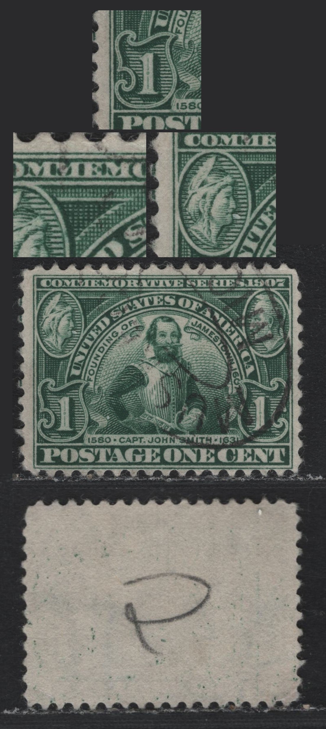 Lot 185 United States SC#328var 1c Deep Bluish Green , 1907 Jamestown Exposition Issue, A Fine Used Single, As Lot 184, Very Tiny Corner Crease At LL