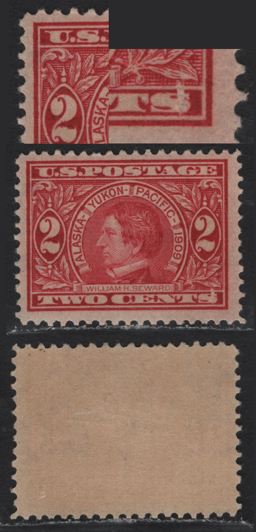 Lot 222 United States SC#370 2c Deep Carmine , 1909 Alaska Yukon Pacific Exposition Issue, A VFOG Single, Inverted Wmk, Showing Double Transfer With Doubling Of Upper Left Frameline & Large White Flaw On S Of Cents