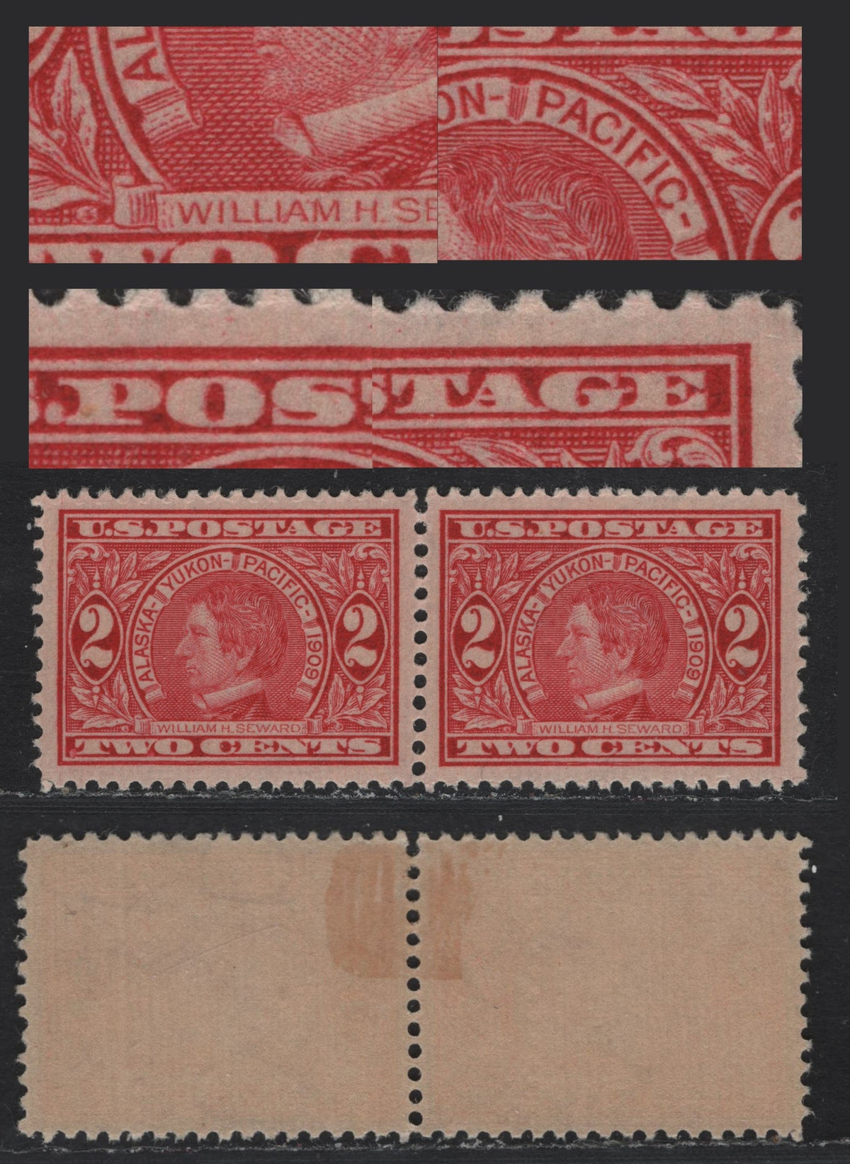 Lot 226 United States SC#370var 2c Carmine , 1909 Alaska Yukon Pacific Exposition Issue, A VFOG Horizontal Pair, Nearly Perfectly Centered, Right Stam Showing An Extensive Double Transfer, Affecting Most Letters of Postage, Pacfific And O of Two.