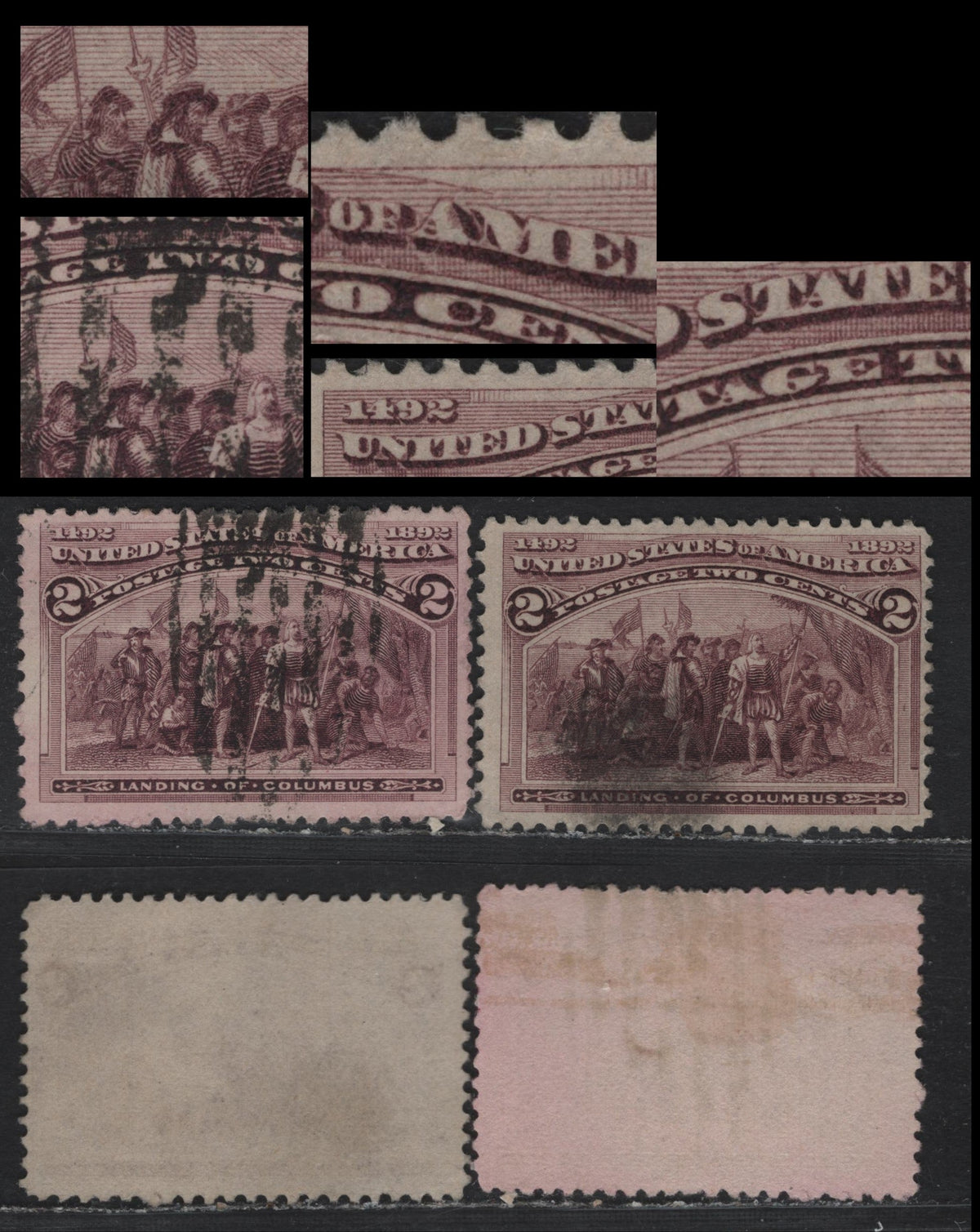 Lot 22 United States (C)SC#231var 2c Brown Violet , 1893 Columbian Exposition Issue, 2 Fine Used Singles, Both Showing Broken Hat Variety, One Is Normal In All Other Respects, The Other Showing Ink Smudges in NT of United, A Of Postage & America.