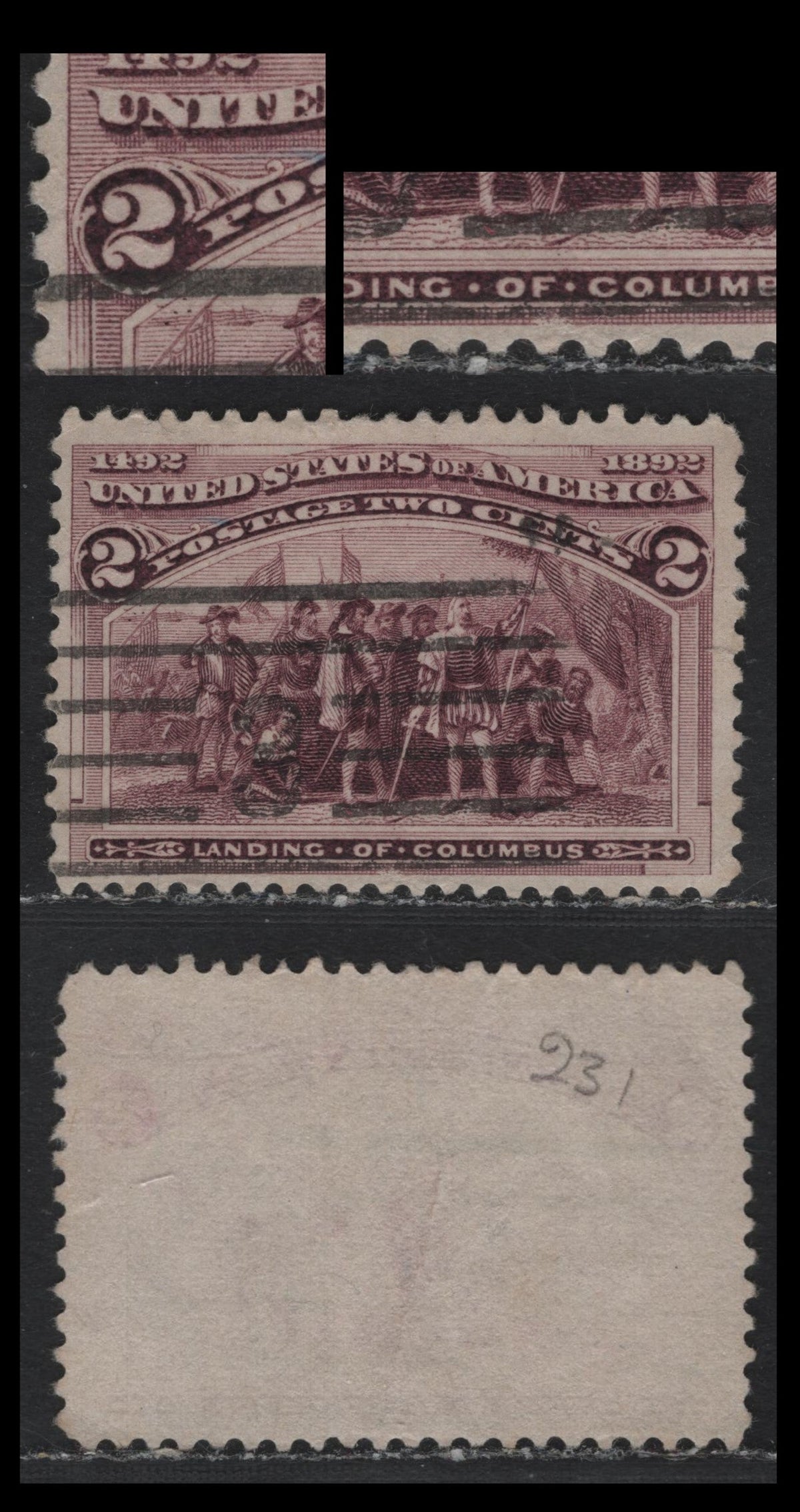 Lot 23 United States (C)SC#231var 2c Brown Violet , 1893 Columbian Exposition Issue, A Fine Used Single, Combination of A Repeating Plate Defect & Entry Layout Flaw