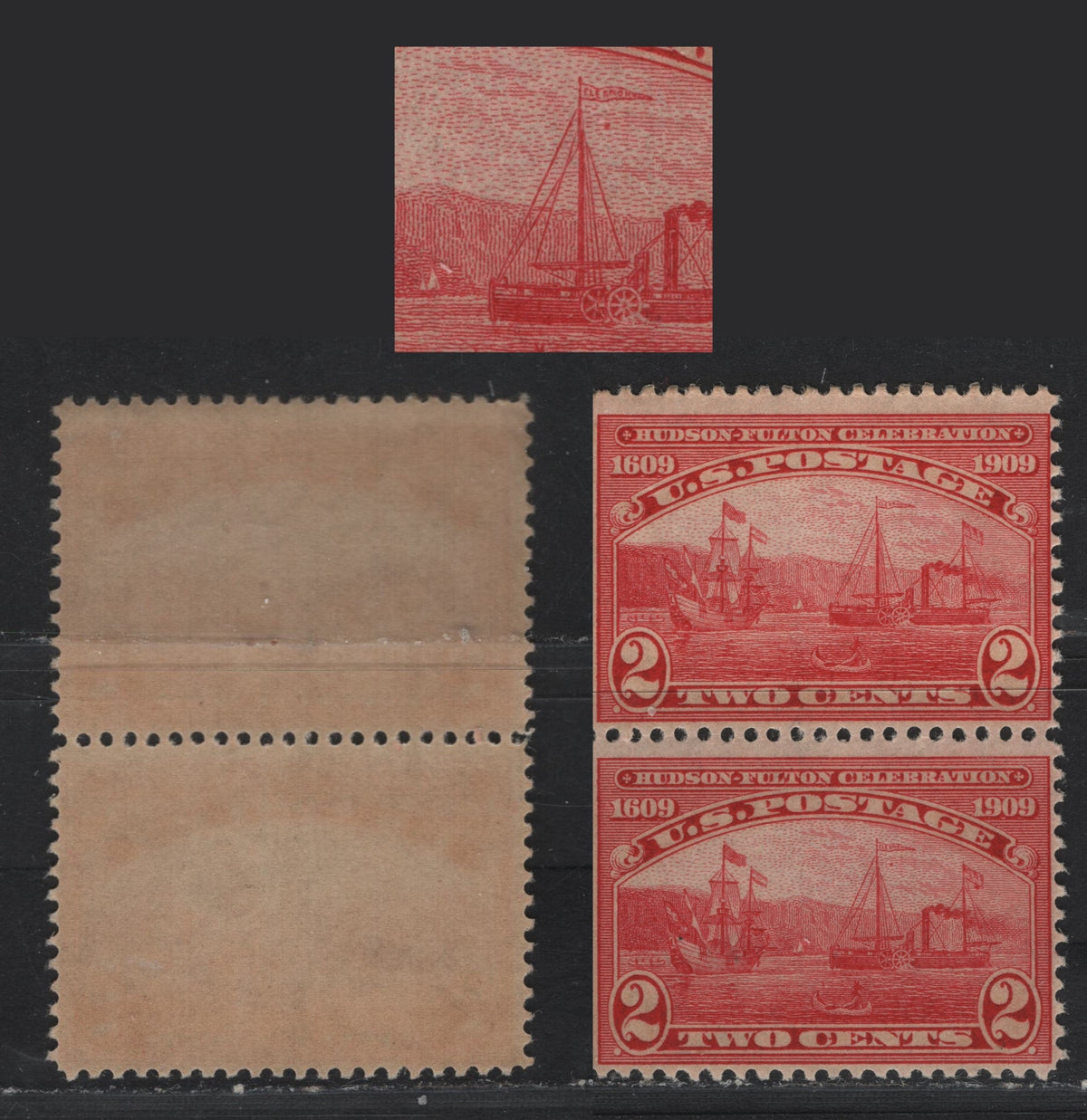 Lot 247 United States SC#372var 2c Carmine , 1909 Hudson-Fulton Celebration Issue, A FNH Vertical Pair, Inverted & Reversed Wmk, Lower Stamp Showing A Bird In The Sky below The Flag Of the Dermont