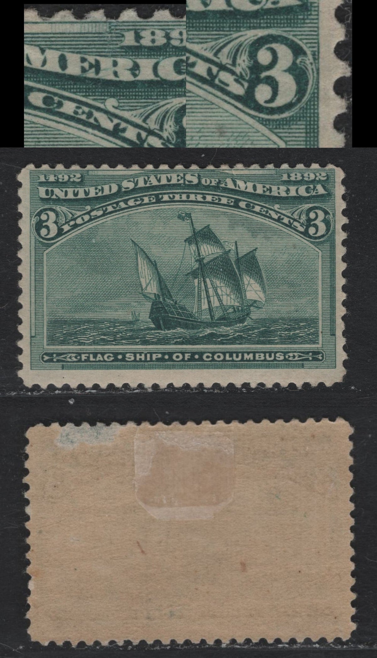 Lot 28 United States SC#232var 3c Bluish Green , 1893 Columbian Exposition Issue, A VGOG Single, Three Unlisted Transient Printing Varieties, Hinge Thin At Top Right