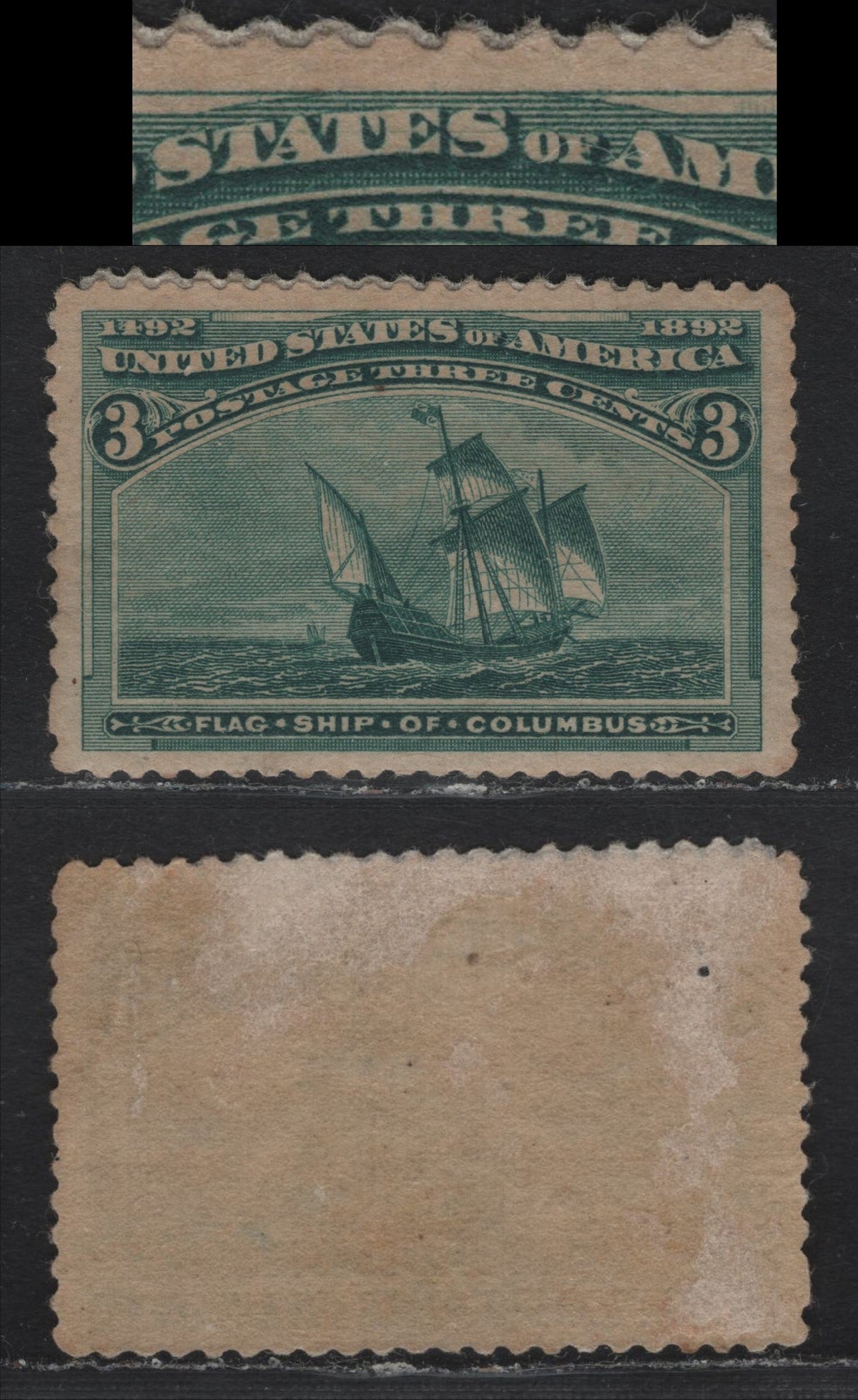 Lot 30 United States SC#232var 3c Dull Blue Green , 1893 Columbian Exposition Issue, A FOG Single, Jumbo Margined OG Single (Some Adhesion On The Gum), Unlisted Plate Variety, Consisting Of A Horizontal Hairline Scratch Through 1492.