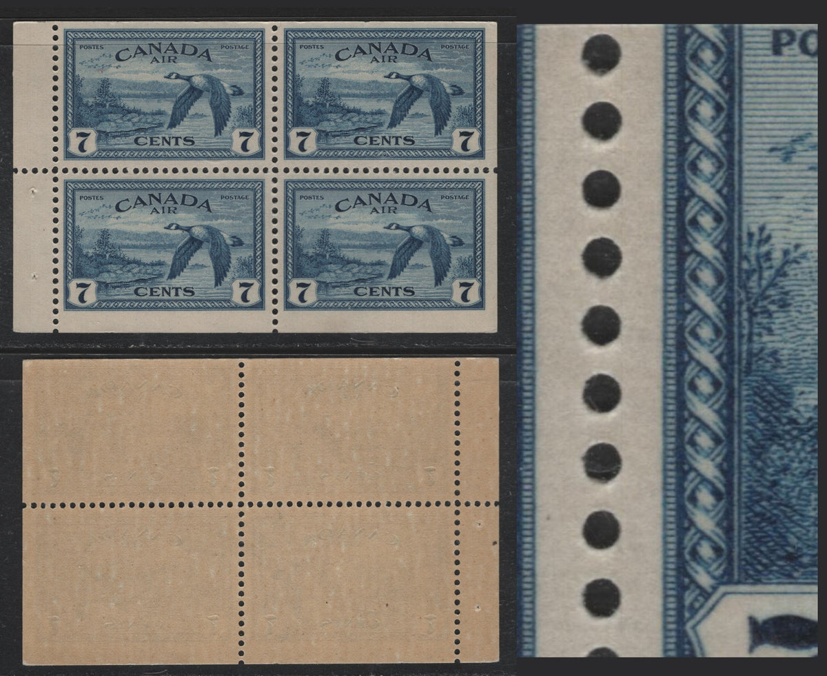 Lot 313 Canada #C9b 7c Deep Blue , 1946 Airmail Issue, A FNH Booklet Pane Of 4, Smooth, Ribbed On Back Vertical Wove Translucent With Streaky Yellow Gum (CBN-ZZZZZZZ), UR Stamp Showing Re-Entry Of Left Frameline, 14mm Staple Holes.
