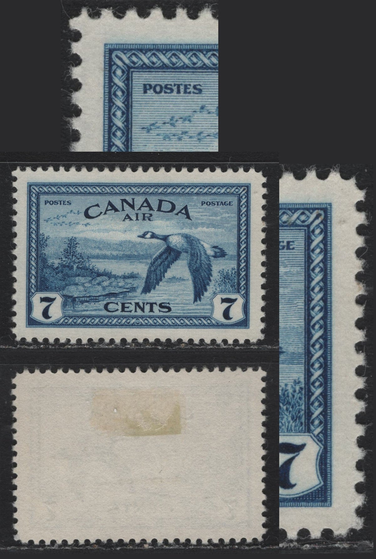 Lot 318 Canada (C)#C9ii 7c Deep Bright Blue , 1946 Airmail Issue, A Very Fine Unused Single, Smooth Paper With Major Re-Entry, The Right Frameline UR Corner And Very Tip of UL Corner Is Doubled