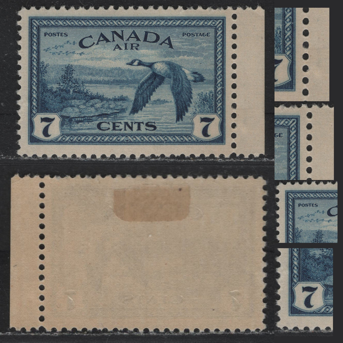 Lot 320 Canada (C)#C9ii 7c Deep Blue , 1946 Airmail Issue, A VFOG Single, Pos. 14 Major Re-Entry With Left & Right Framelines Doubled, Semi Translucent, Strongly Ribbed Paper With Yellow Semi Gloss Gum (CBN-GGGGGGGG)
