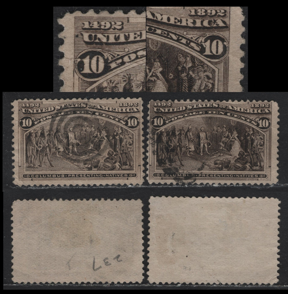 Lot 52 United States SC#237 10c Black Brown - Deep Black Brown , 1893 Columbian Exposition Issue, 2 Very Good/Fine Used Singles, Unlisted Plate Varieties
