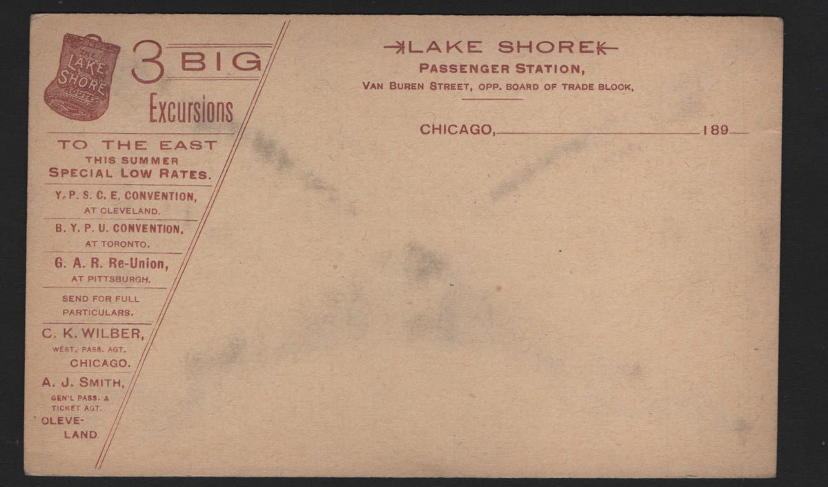 Lot 114 United States SC#UX10 1c Black on Buff, 1891 Grant Postcard Issue, A Very Fine Used Envelope, Mint Postard Form 1891 Issue, Blank Address Side & Blank Message Side Framed By A Railway Ad For Lakeshore Passenger Station, Type 1.
