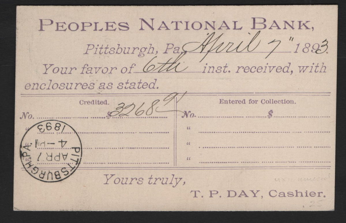 Lot 116 United States SC#UX11 1c Blue, 1891 Grant Postcard Issue, A Very Fine Used Postcard, Pre-Printed People's National Bank Deposit. Acknowledgement Sent To Meggr's Peter Fraff & Co, Worthington