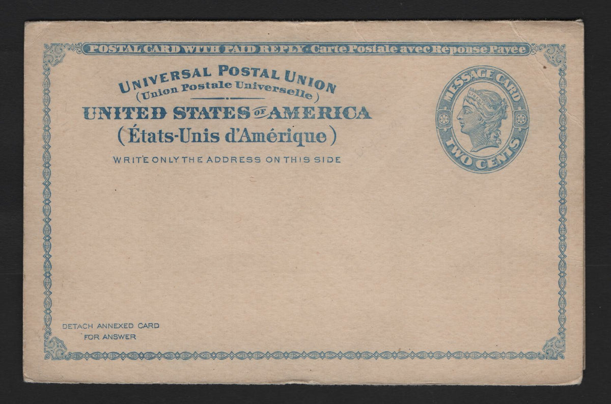 Lot 119 United States SC#UY1var 2c+2c Blue, 1893 Reply Issue, A Fine Mint Reply Card, 1893 Issue Which Is Missing The Required Roulette Between The Message & Reply Halves. Some Minor Edge Wear. A Major Recognized Production Error