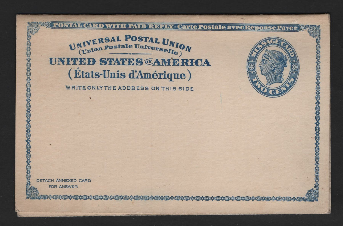Lot 120 United States SC#UY2a 2c+2c Blue, 1893 Reply Issue, A Very Fine Mint Reply Card, Missing The Roulette Between The Message & Reply Portions, A Recognized & Major Production Error