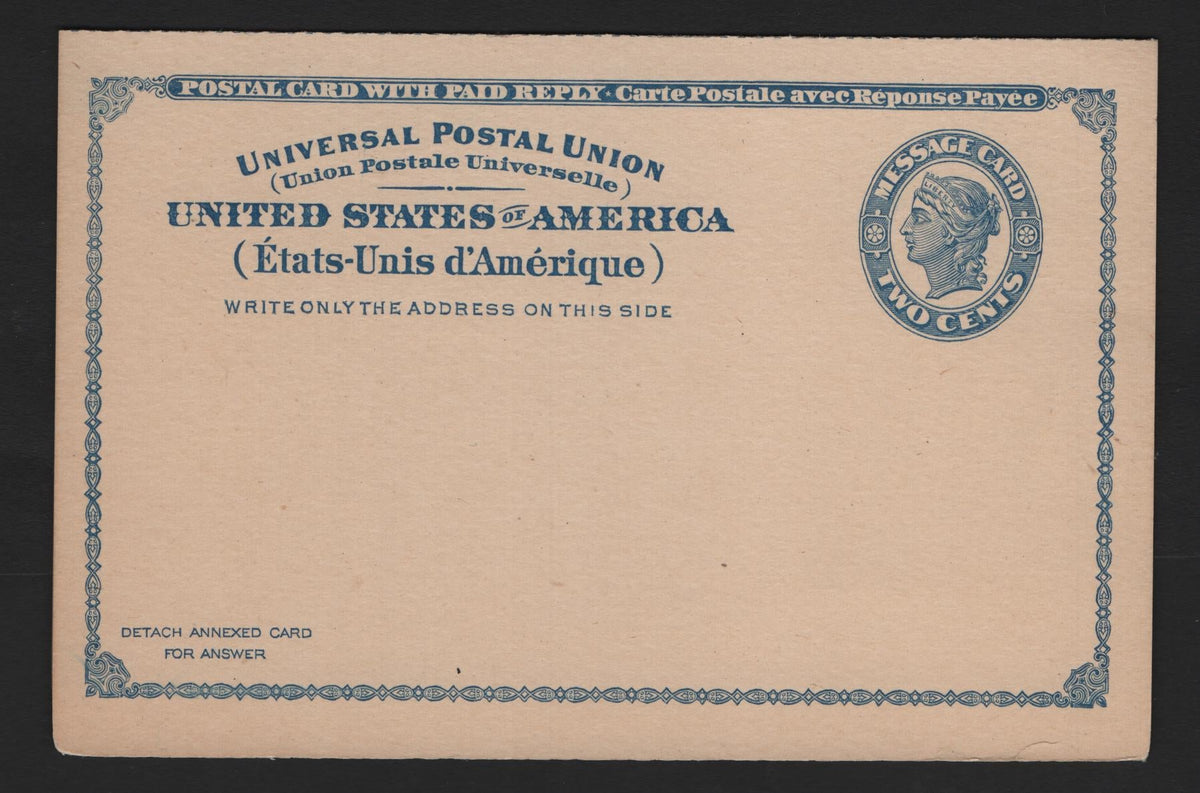 Lot 121 United States SC#UY2a 2c+2c Dark Blue, 1893 Reply Issue, A Very Fine Mint Reply Card, Roulette Between Message & Reply Portions