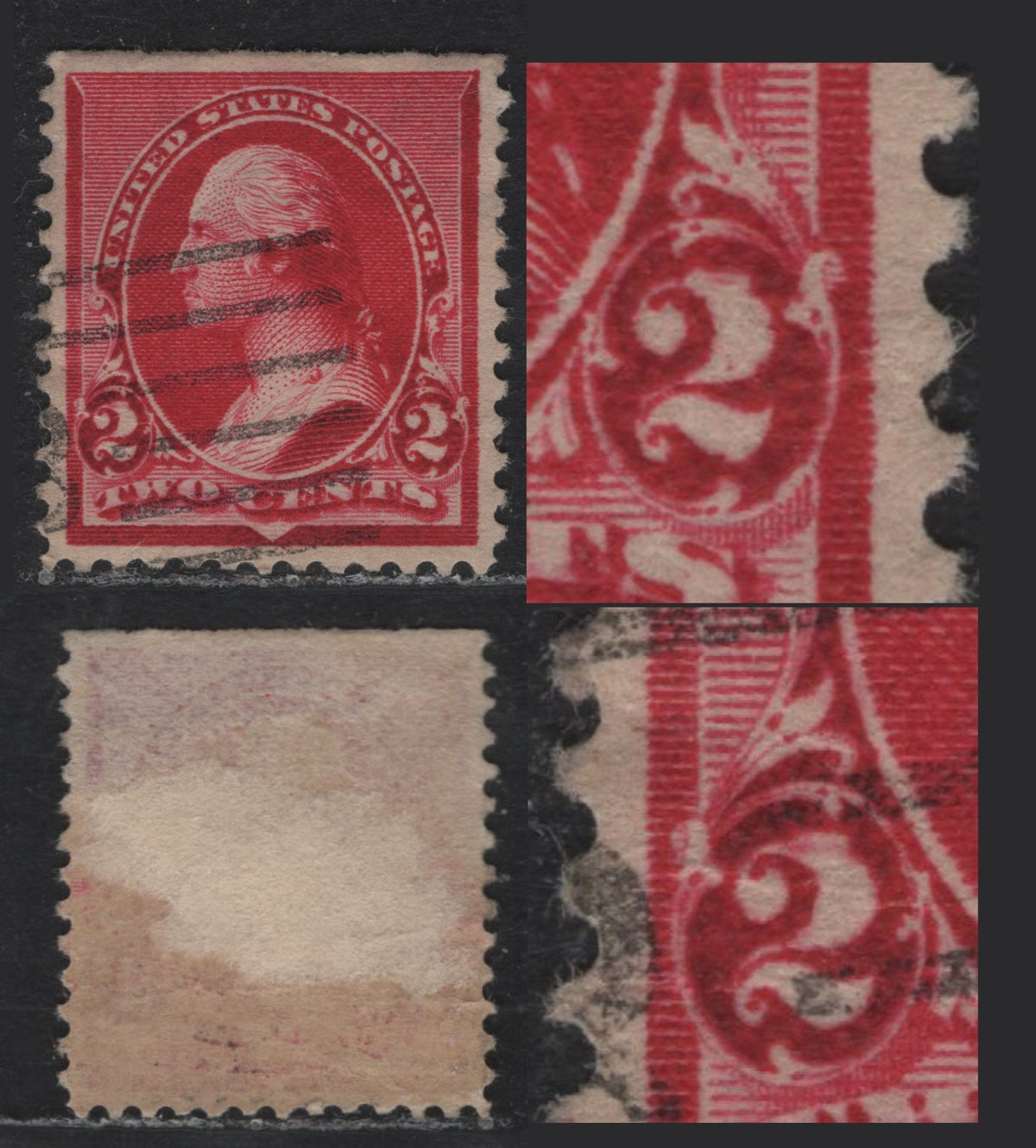 Lot 150 United States SC#220c 2c Deep Carmine Red, 1890-1893 Small Banknote Issue, A Very Fine Used Single, Cap on Both 2's