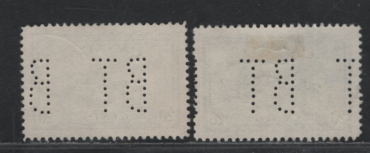 Lot 281 Canada #271var 20c Greenish Slate And Slate, 1946 King George VI Peace Issue, 2 Very Fine Used Singles With Upright Bell Telephone Perfin On Horizontal Ribbed Paper