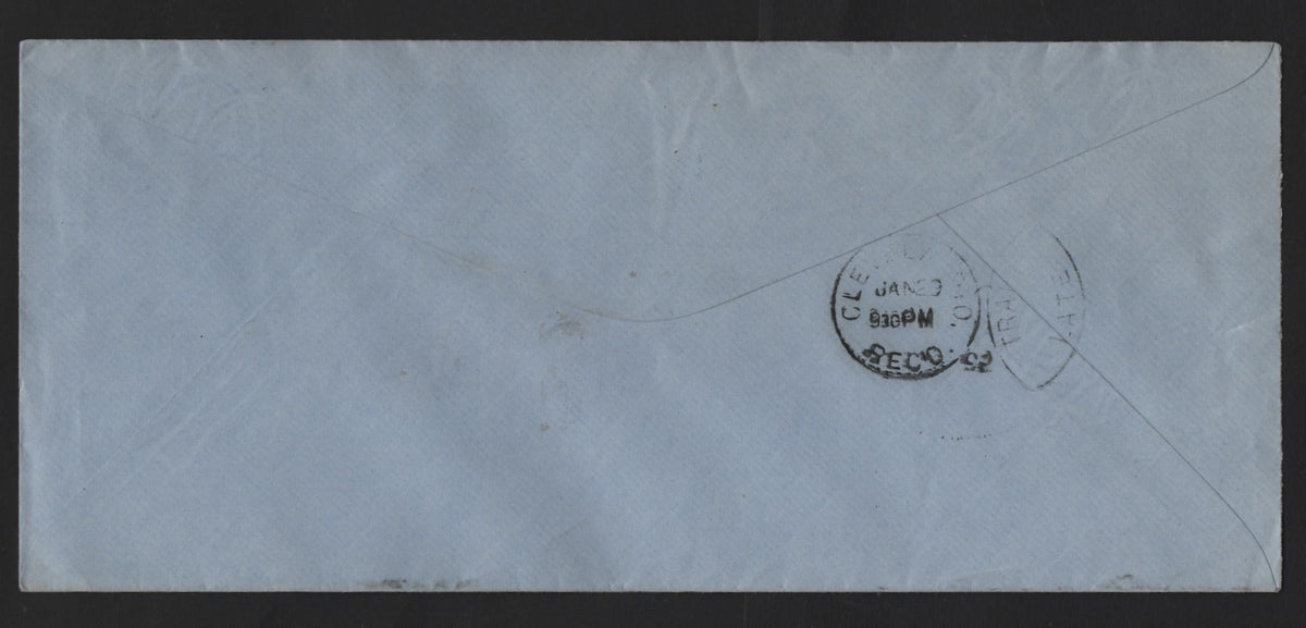 Lot 61 United States SC#U312 2c Green, 1887-1894 2nd Plimpton Issue, A Very Fine Used Envelope, Die 2 (U71), Blue, Extra Legal Size Envelope (USPS Size 8 - 9 and 7/16 x 4 inches), Used Within Ohio With Train Late Auxilliary Marking.