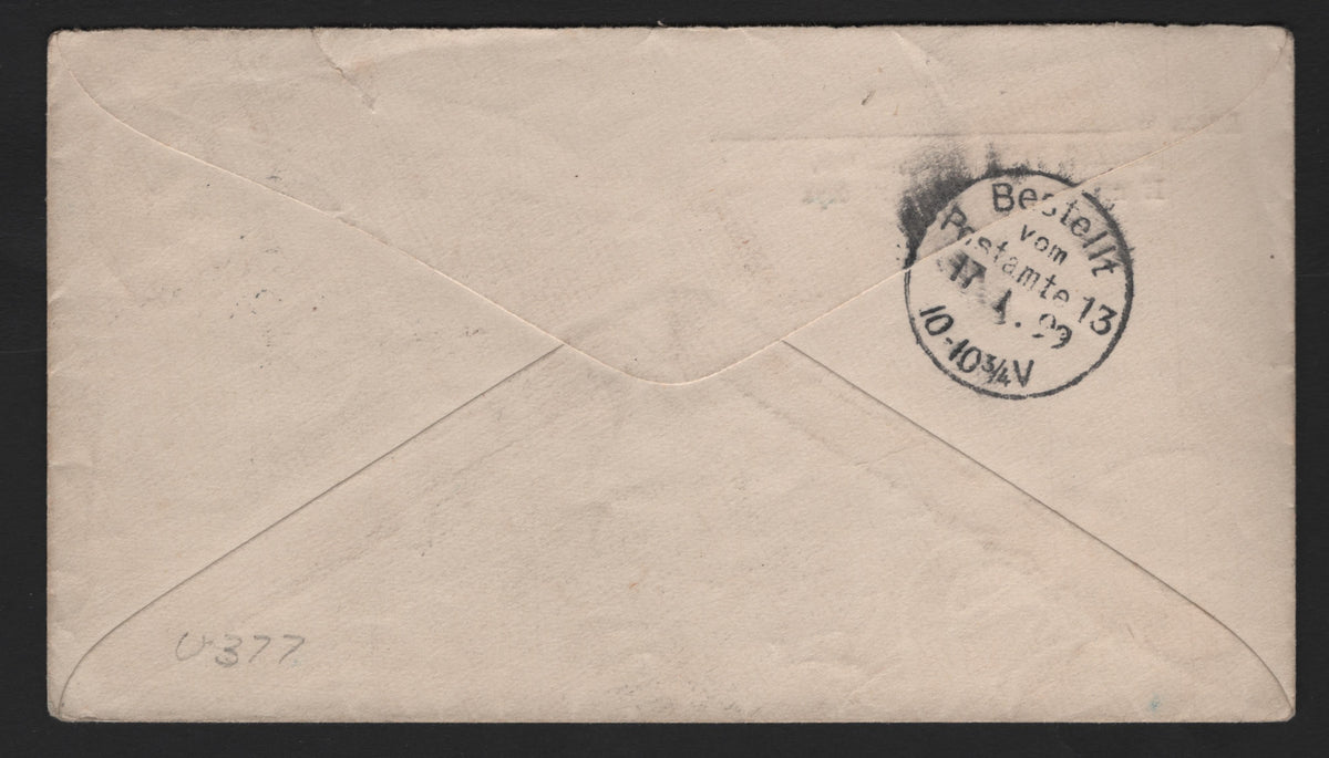 Lot 70 United States SC#U330 5c Blue, 1887-1894 2nd Plimpton Issue, A Very Fine Used Note Sized Envelope, White Paper, Sent To Berlin, Germany, Wmk 8, Knife 32, Size 3.