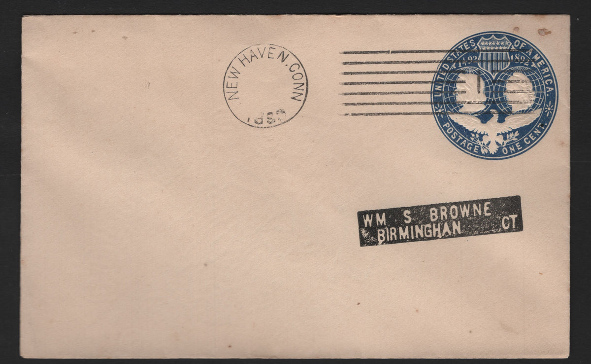 Lot 75 United States SC#U348 1c Blue, 1893 Columbian Exposition Issue, A Very Fine Used Envelope, Full Letter Sized Envelope (Size 2), New Haven Machine Duplex Cancel, Interesting White on Black Handstamped Address.