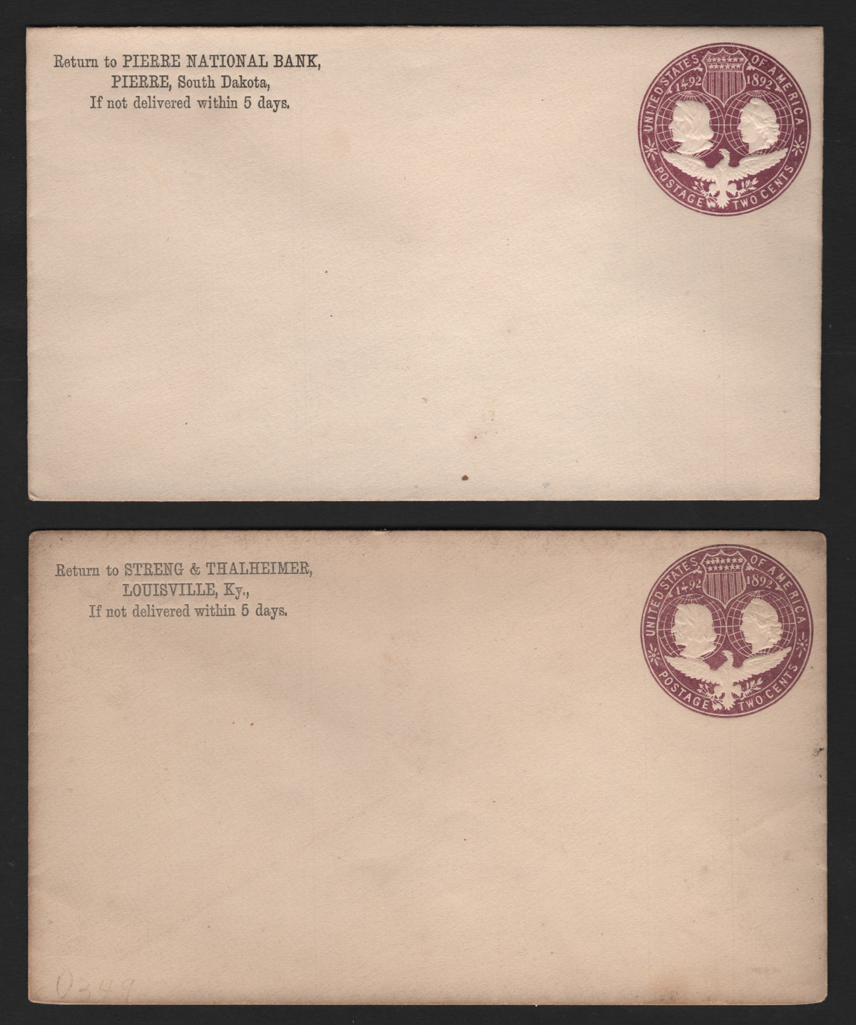 Lot 81 United States SC#U349 2c Purple, 1893 Columbian Exposition Issue, 2 Very Fine Used Envelopes, Die 3, Size 3 Envelopes, Different Corner Card Addresses In The Same Font, Printed By The Post Office Department.