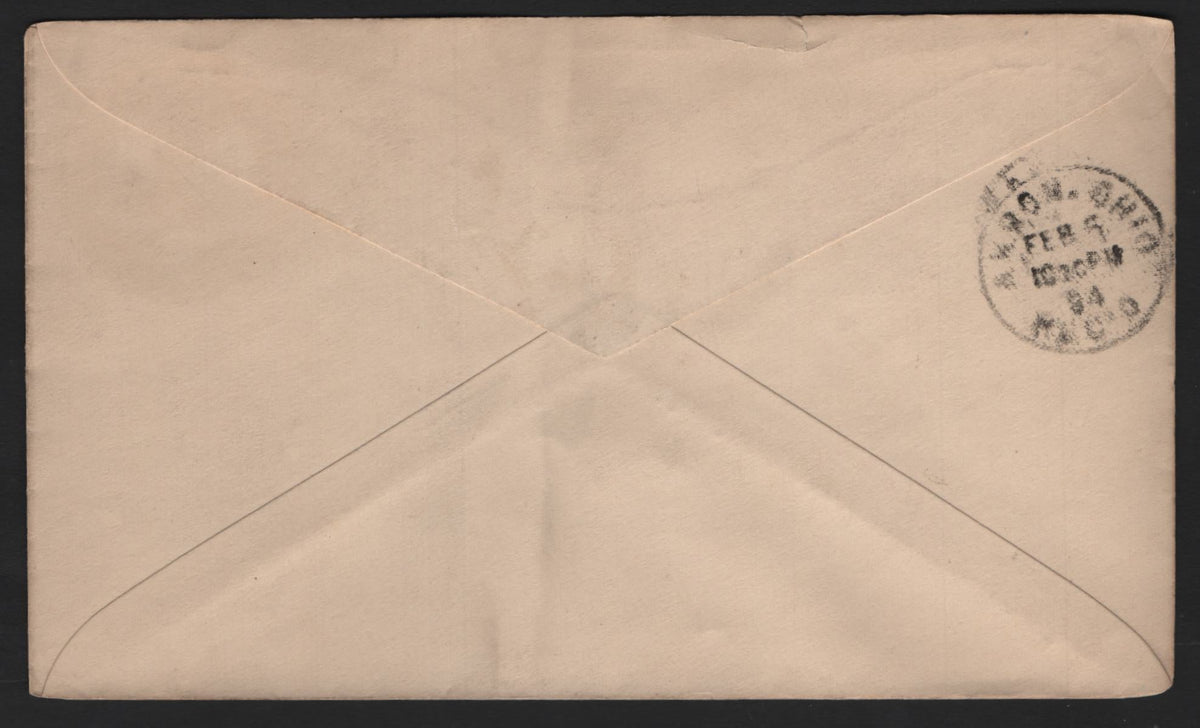 Lot 87 United States SC#U349 2c Purple, 1893 Columbian Exposition Issue, A Very Fine Used Envelope, Die 3, Size 3, National Malleable Castings CO of Cleveland Oh, Sent January 5 1894 To Akron OH Jan 5 Same Day Akron Arrival Backstamp.