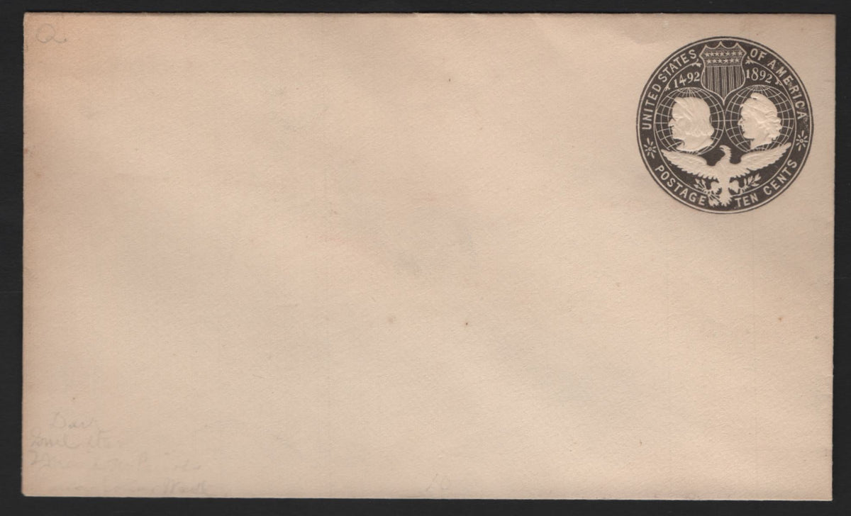 Lot 91 United States SC#U351 10c Slate Brown, 1893 Columbian Exposition Issue, A Very Fine Mint Envelope, Ink-Wipe Flaw Affecting Columbus' Collar & Throat, Appears to Be a Space Between The Throat & Collar and Under Liberty's Chin, Size 3.