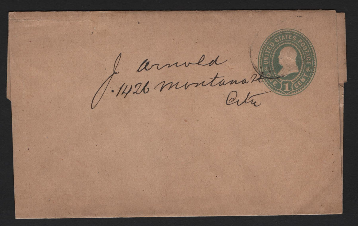 Lot 93 United States SC#W357 1c Dull Green, 1894-1898 Plimpton-Morgan Issue, A Very Fine Used Envelope, Wrapper With Wmk 12, Sealed & Used With Light Cancel, Locally Within Some Unknown City.