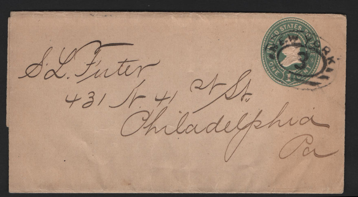 Lot 94 United States SC#W357var 1c Green, 1894-1898 Plimpton-Morgan Issue, A Very Fine Used Wrapper With Rare Wmk 13, Still Sealed & Intact, Cancelled With New York #3 Oval Parcel Cancel, Sent To Philadelphia PA.