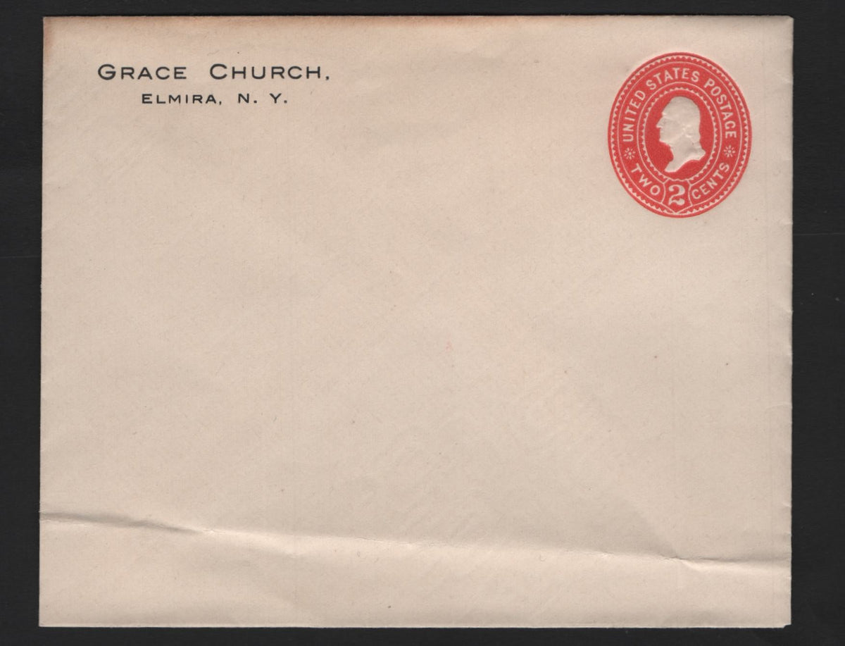 Lot 95 United States SC#U362var 2c Carmine, 1894-1898 Plimpton-Morgan Issue, A Fine Used Envelope, Die 2 (U78), Billet Sized Envelope (Size 11 - 5.25x2 and 7/8 Inches), White Paper, Wmk 13, Grace Church, Elmira NY Corner Card.