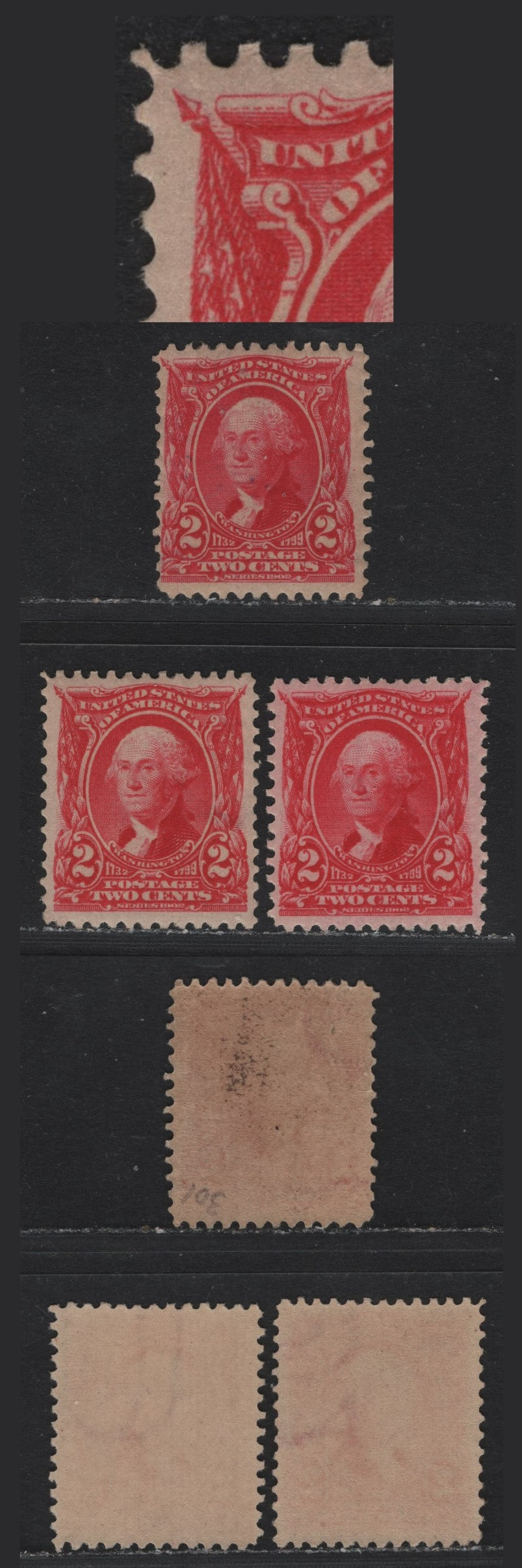 Lot 21 United States SC#301 2c Scarlet, Carmine Rose & Carmine , 1902-1903 2nd Bureau Issue, 3 F/VFOG Singles, Scarlet Stamp Is NH, But Has A Couple Of Small Marks On The Gum