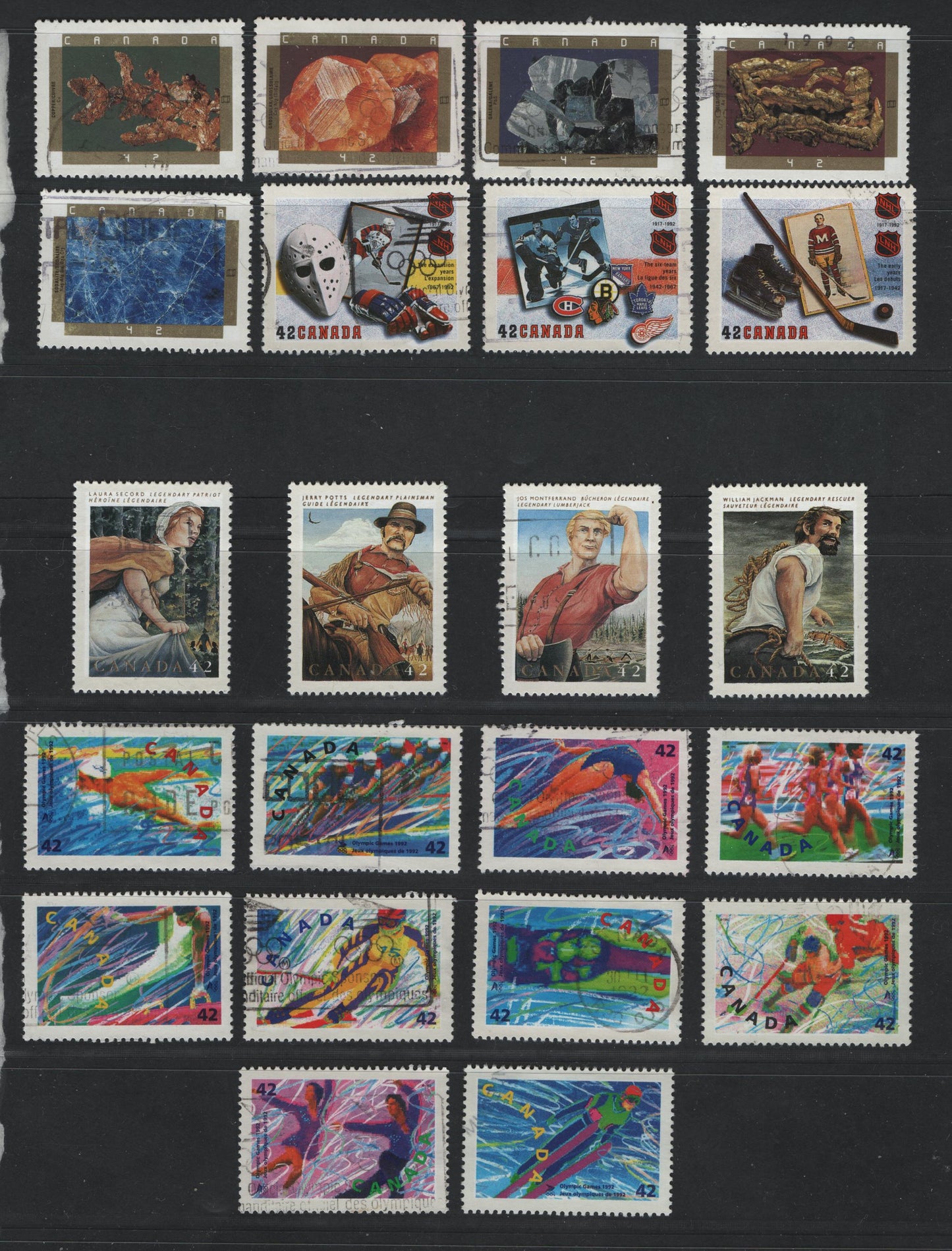 Canada #1399-1403, 1414-1418, 1432-1440, 1443-1445 42c Multicoloured Ski Jumping - The Expansion Years, 1992 Winter Olympics - National Hockey League Issues, 22 VF Used Singles All With Relatively Light Cancels