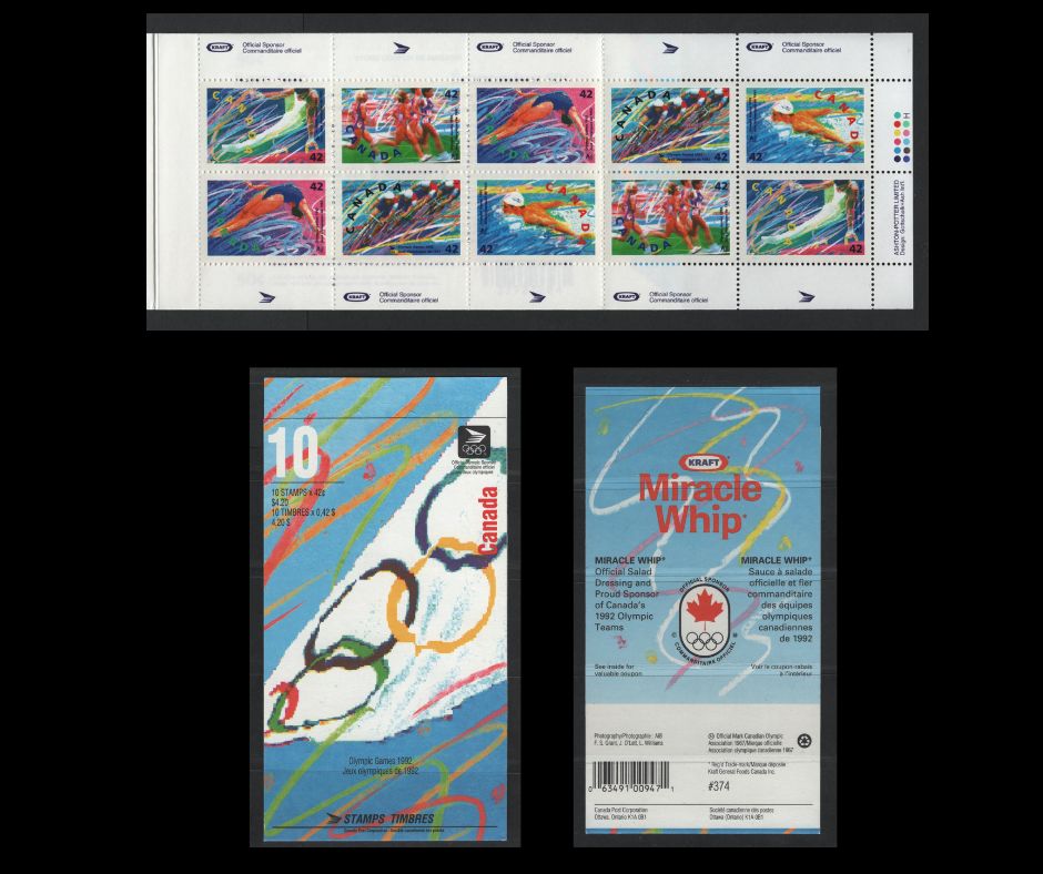 Canada #BK146a 42c Multicoloured Gymnastics - Swimming , 1992 Summer Olympics Issue, A VFNH Complete Booklet HB Sealed Cover, Showing White Area Of Flag To The Right, DF1 Harrison Paper Pane