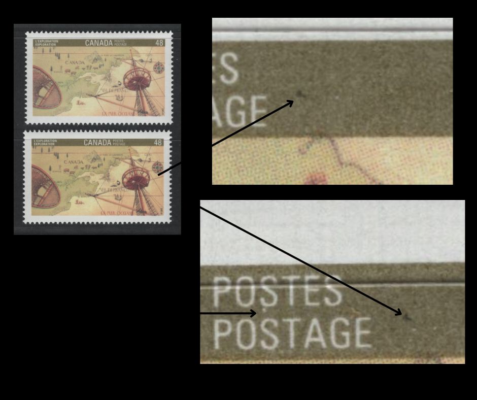 Canada #1406var , 1992 Canada '92 Issue, 2 VFNH Singles Showing Black Spot To Right Of Postage, With & Without White Dot Below "S" Of "Postes", Pos. 17, Possibly Constant Or Tertiary, NF/DF2 Harrison Paper, Smooth & Spotty PVA Gums