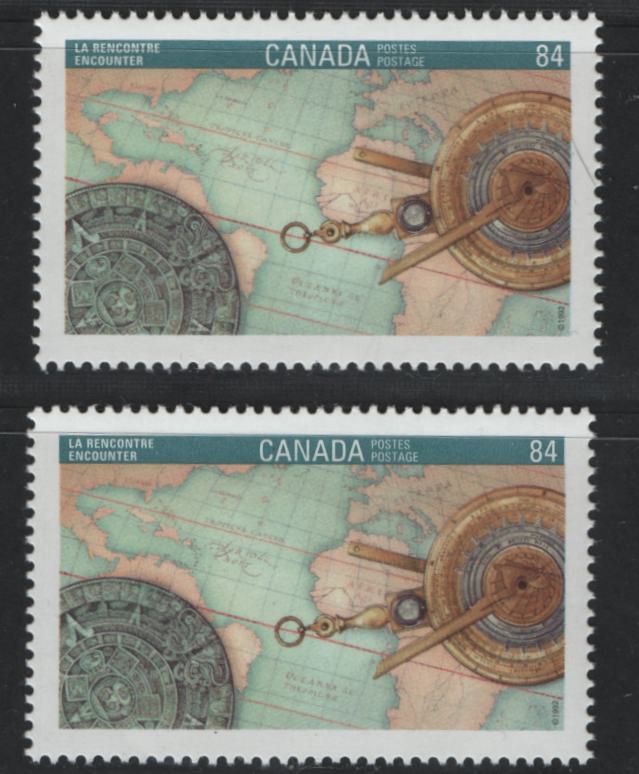 Canada #1407var 84c Multicoloured Discovery, 1992 Canada '92 Issue, 2 VFNH Singles On NF/DF1 and NF/DF2 Harrison Papers, NF/DF2 Almost Looks LF On Back Compared To NF/DF1