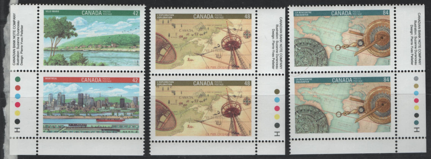 Canada #1405a, 1406-1407 42c-84c Multicoloured Montreal - Discovery, 1992 Canada '92 Issue, 3 VFNH Inscription Pairs On NF/DF1 And NF/DF2 Harrison Papers, Smooth (42c & 48c) & Spotty (84c) PVA Gums