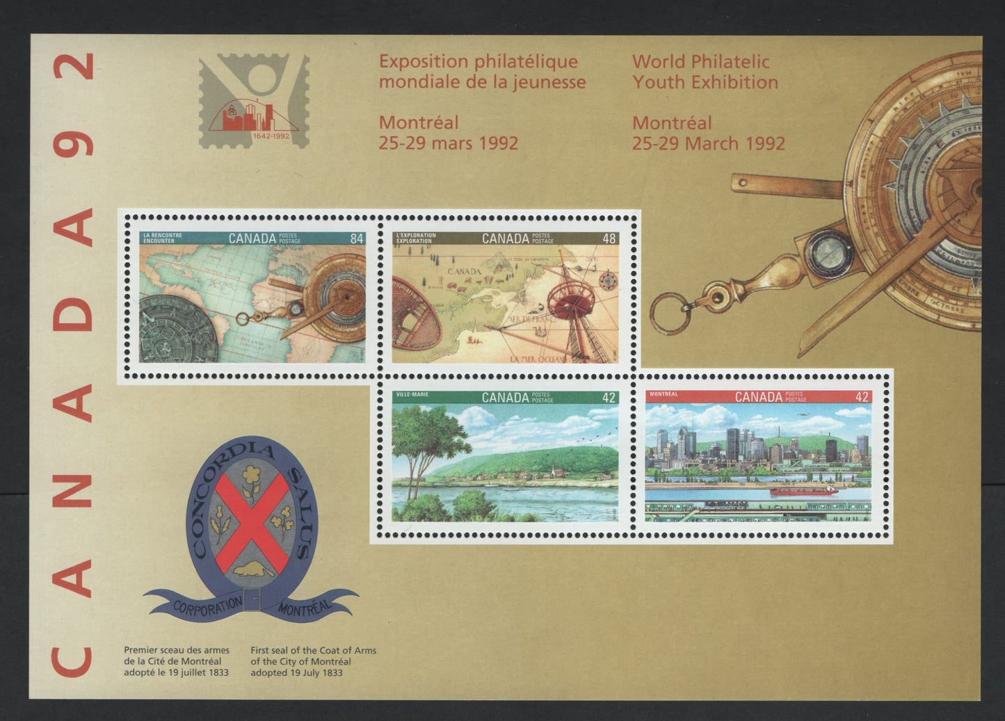 Canada #1407a 42c-84c Multicoloured Montreal - Discovery, 1992 Canada '92 Issue, A VFNH Souvenir Sheet On DF1/DF2 Coated Papers Paper, Regular Shading On Left Side Of Sheet
