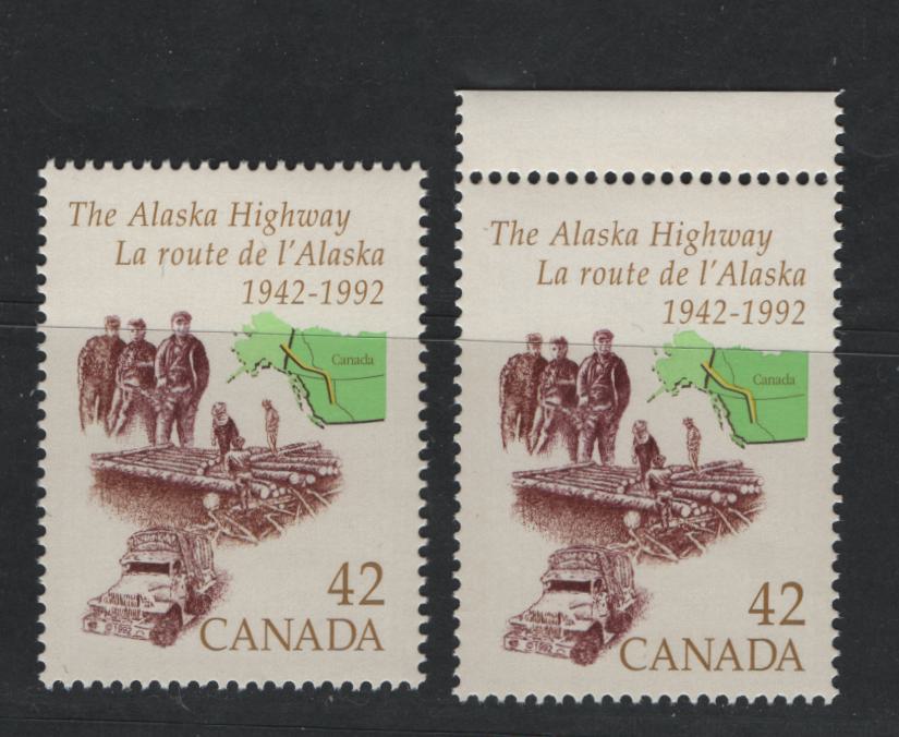 Canada #1413&var 42c Multicoloured Map & Work Crew, 1992 Alaska Highway Issue, 2 VFNH Singles On Both DF1/DF1 And DF1/DF2 Harrison Papers, Smooth PVA Gum