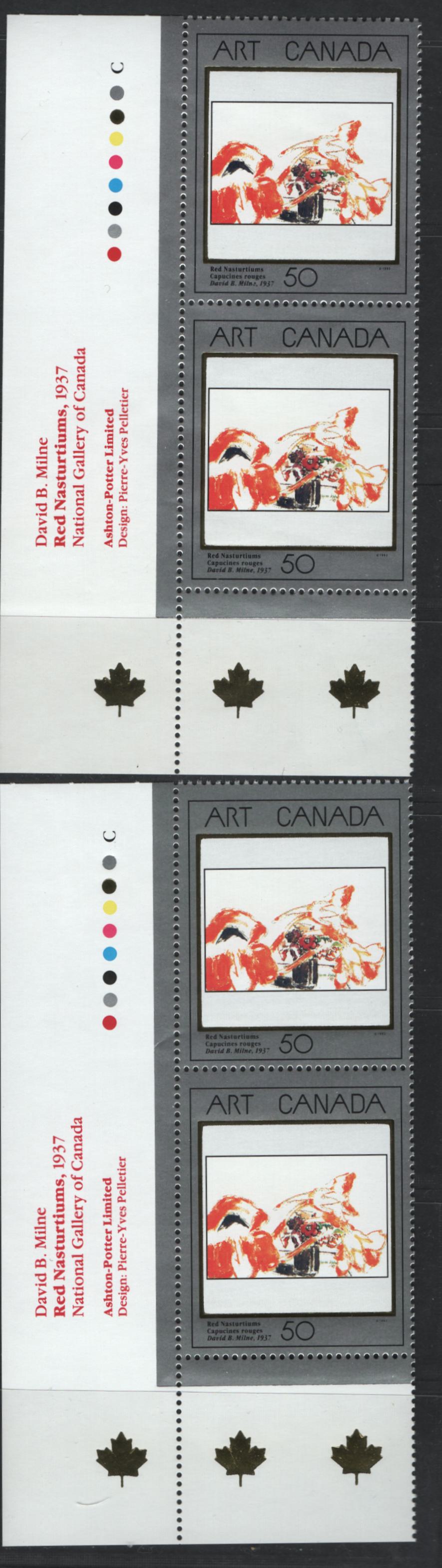 Canada #1419&var 50c Multicoloured Red Nasturtiums, 1992 Art Canada Issue, 2 VFNH Inscription Pairs On Both NF/DF2 And MF/LF3-fl Coated Papers Paper