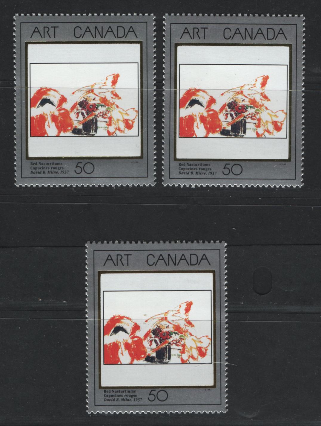 Canada #1419&var 50c Multicoloured Red Nasturtiums, 1992 Art Canada Issue, 3 VFNH Singles On All Three Types Of CP Paper: NF/DF1, NF/DF2 and NF/LF3-fl