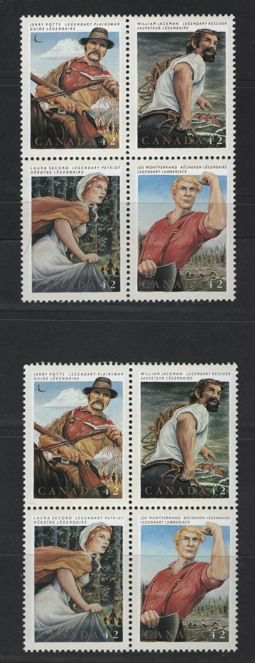 Canada #1435a&var 42c Multicoloured Jerry Potts - Jos Montferrand, 1992 Folklore Issue, 2 VFNH Se-Tenant Block Of 4 On Both NF/DF1 and NF/DF2 Coated Papers Papers