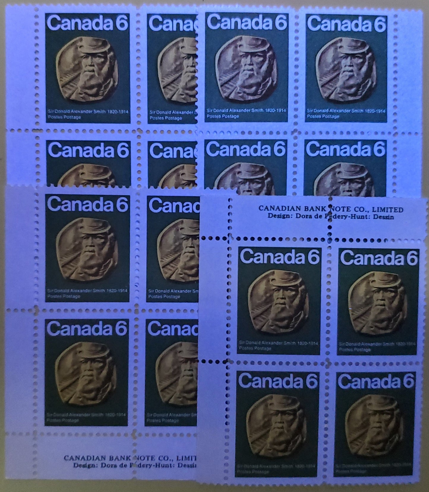 Canada #531 6c Dark Green, Yellow & Black Donald Alexander King, 1970 Sir Donald Alexander Smith Issue, 6 VFNH Margin Pairs With Various HF & HB Horizontal Ribbed Papers With Smooth & Streaky Gums