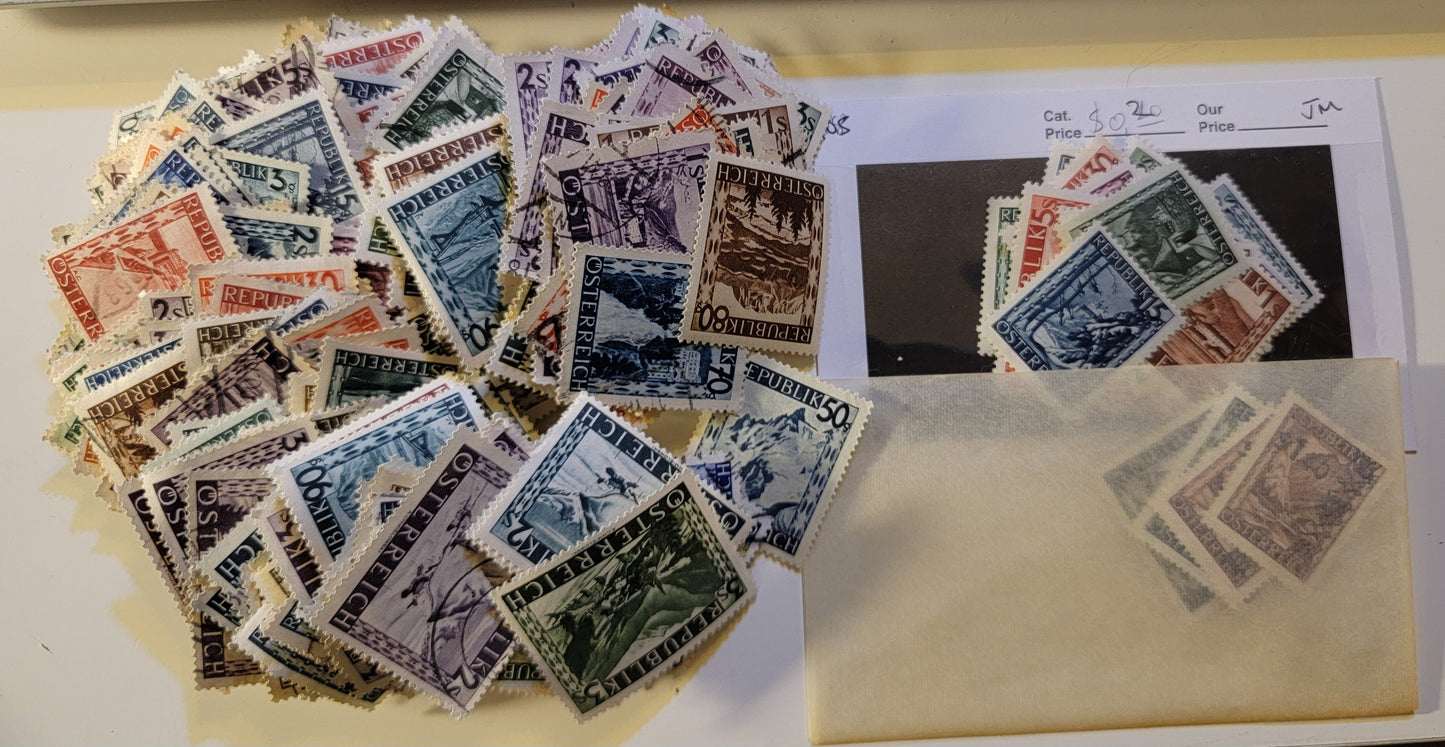 Lot 177 Austria SC#455-481, 483-488, 504/515 3g - 5s Sapphire - Dark Violet Scenes, 1945-1948 Scenic Photogravure Definitive Issues, 250-300 Fine/Very Fine Mint & Used Singles In A Glassine Envelope