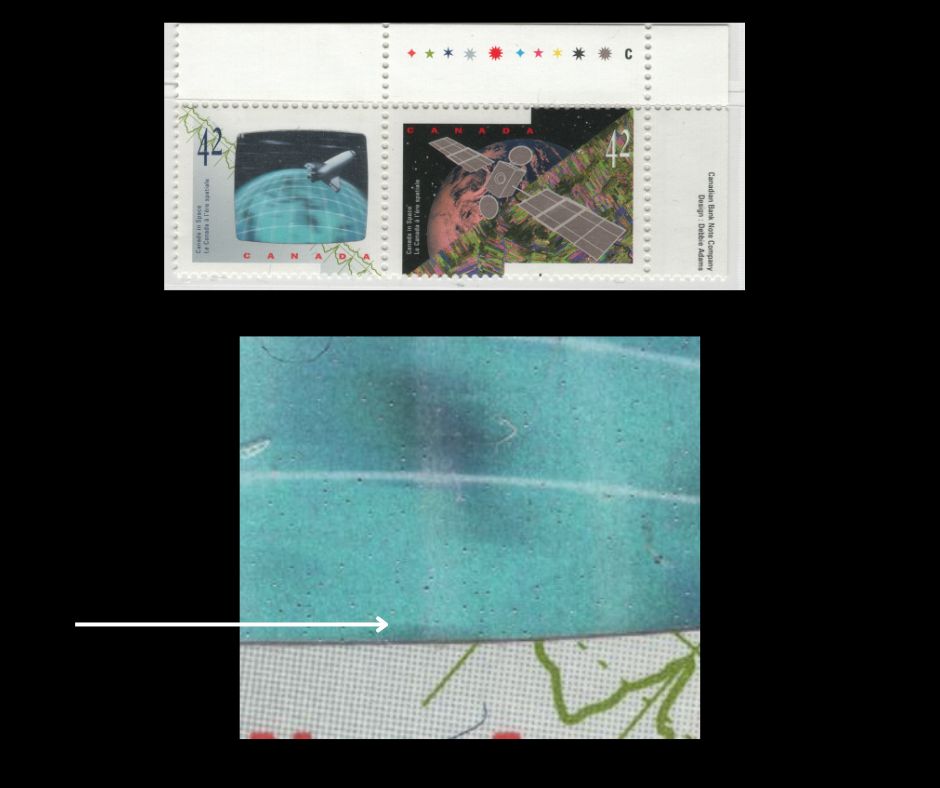 Lot 153 Canada #1442avar 42c Multicoloured Anik E2 Satellite & Astronauts Achievements, 1992 Canada In Space Issue, A VFNH Inscription Pair Quasi-Low Orbit: Map Cut Just Below Tip Of Lake Superior, NF/DF1 Vertical Ribbed Coated Papers Paper