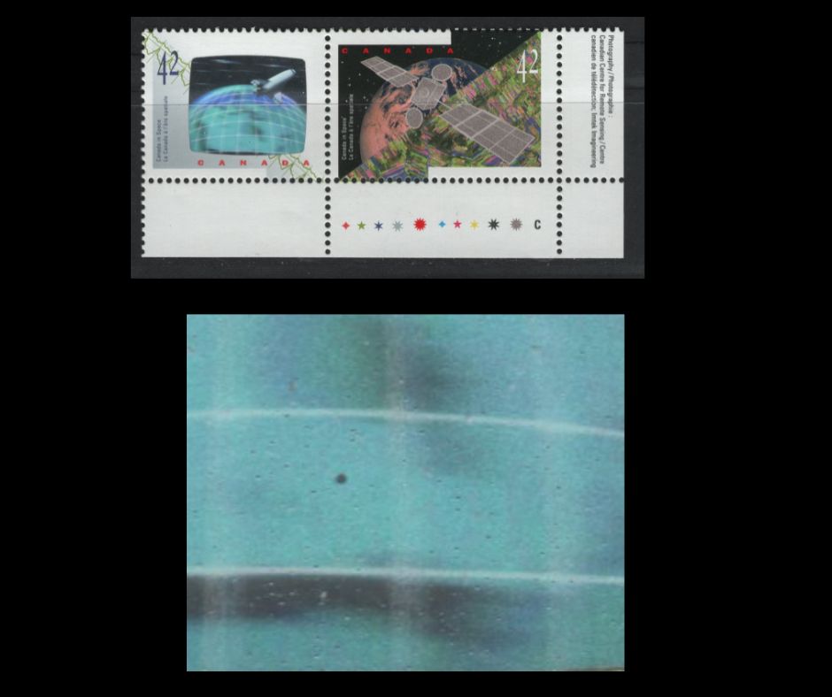 Lot 76 Canada #1442avar (Darnell #1466g) 42c Multicoloured Anik E2 Satellite & Astronauts Achievements, 1992 Canada In Space Issue, A VFNH Inscription Pair "Crater" Variety, NF/DF1 Vertical Ribbed Coated Papers Paper