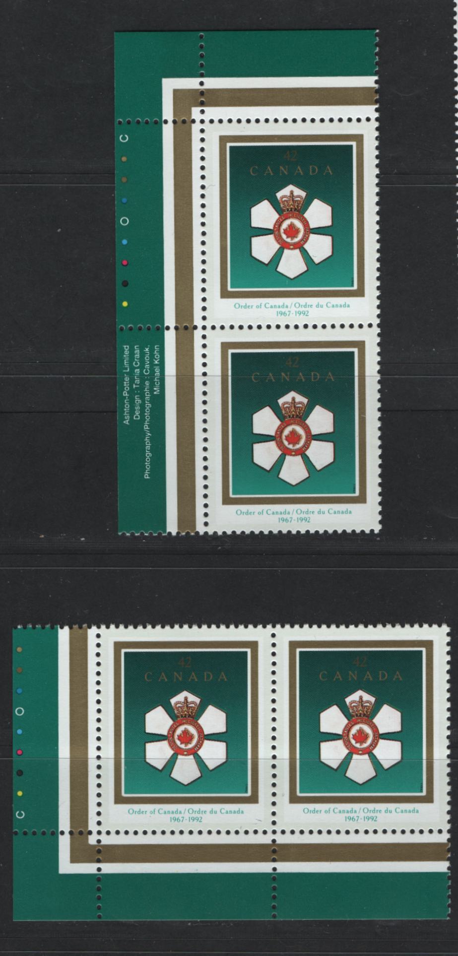 Canada #1447i 42c Multicoloured Order Of Canada, 1992 Order Of Canada & Rolland Michener Issue, 2 VFNH Vertical & Horizontal Inscription Pairs On NF/DF1 Coated Papers Paper