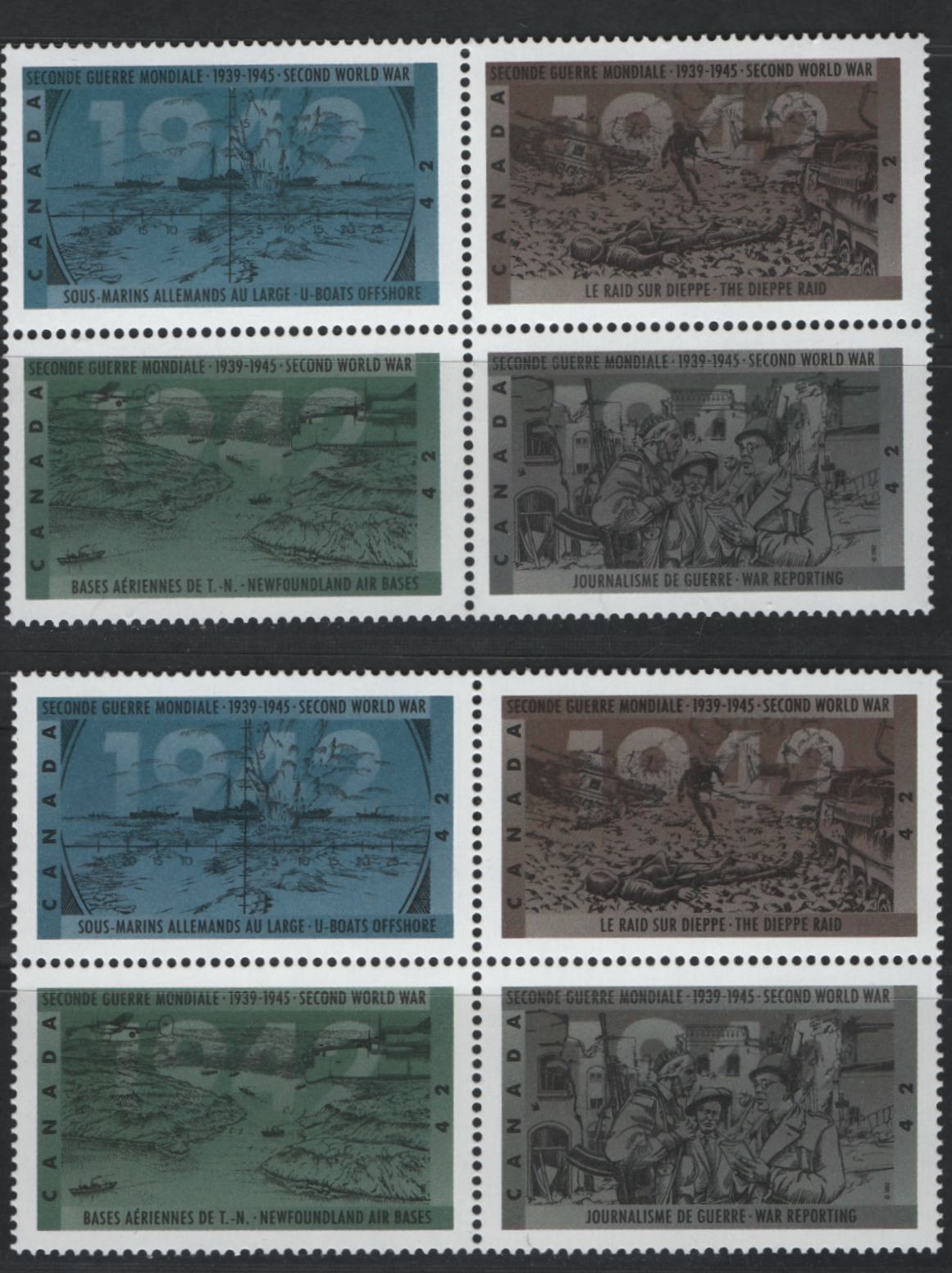 Canada #1451a, ai 42c Multicoloured War Reporting - U-Boats Offshore, 1992 50th Anniversary of World War II Issue, 2 VFNH Se-Tenant Blocks Of 4 & Single On DF2 & MF6 Peterboro Papers