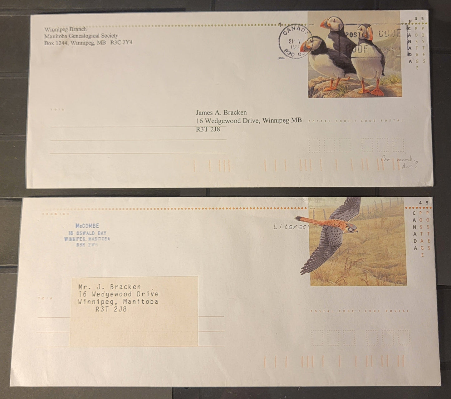 Canada #U151, U153 45c Multicoloured Atlantic Puffin & American Kestrel, 1996 Birds of Canada Issue, 2 VF #10 Postal Stationery Envelopes Used In-Period to Winnipeg Addresses